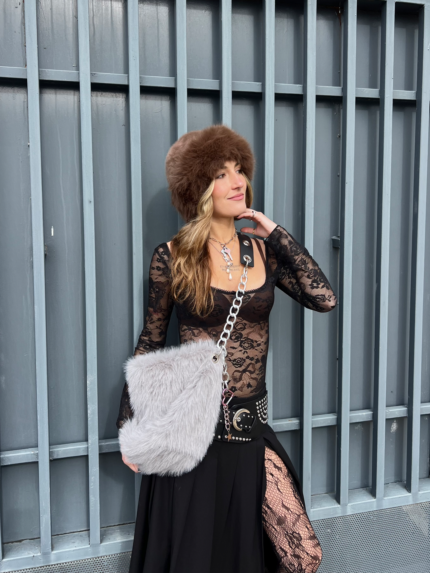 Fur grey maxi bag